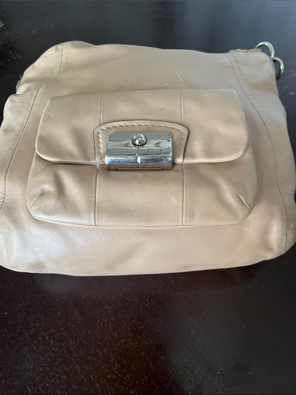 Coach Leather short handle Bag in Beige with Silver Hardware